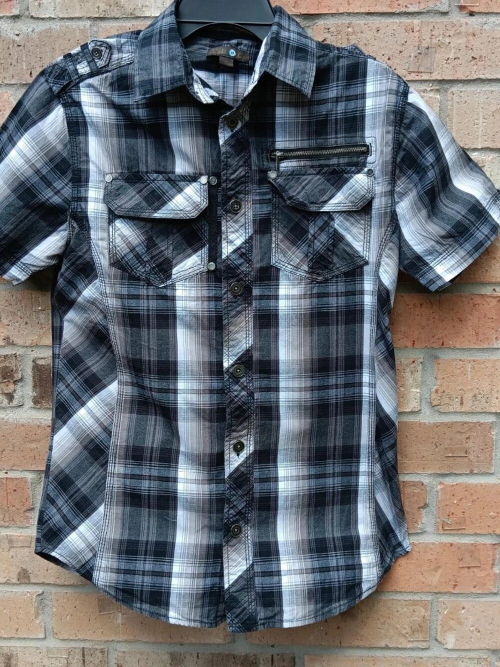 Twice Brand Shirt Small Black Plaid 100% Cotton Metal Buttons Zip Pocket